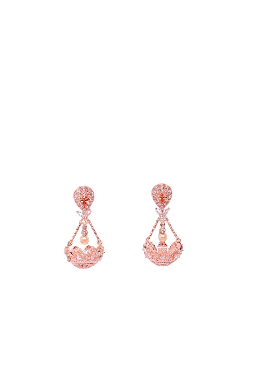 Namokriti Statement Royal Crown Earrings – Rose Gold, Pearl Drop & Ruby Glow